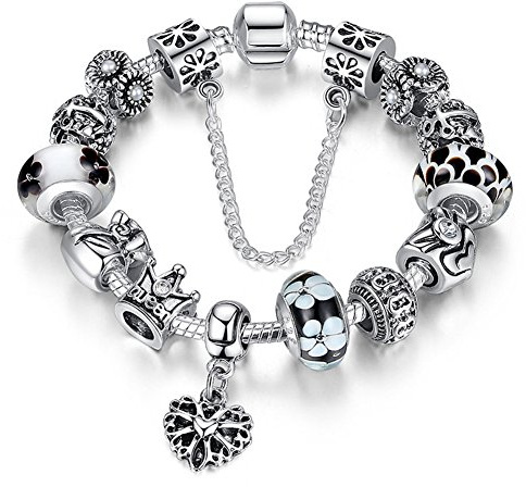 A TE® Bracciale Charms Fiore Vetro Catena Sicurezza Regalo 18cm/20cm#JW-B110 (Nero-18cm)