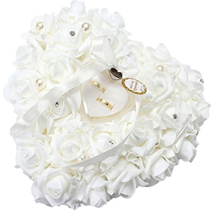 Yosoo 15x13cm Bianco Romantico Matrimonio Anello Rosa Scatola Cuore rosa Bomboniere Anello nuziale Cuscino con elegante cassa gioielli Floral Accessori da sposa