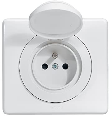 LEGRAND - Prise Electrique Murale avec Terre Céliane Surface + Plaque - Prise Etanche IP44 - Prise Affleurante avec Socle Rétractable - Fabriqué En France - Blanc