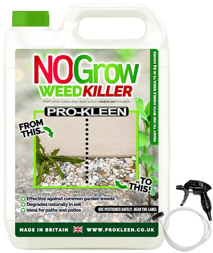 Pro-Kleen NOGrow Weed Killer 5L, See Results In Hours, Double Strength, Glyphosate Free, Kills Moss, Effective on Annual and Perrenial Weeds, Eco-Friendly, Organic, Children and Pet Safe Once Dry