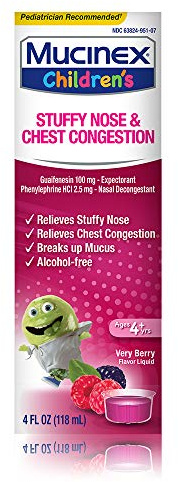 Mucinex Children’s Stuffy Nose & Chest Congestion, Multi-Symptom Relief, Expectorant, Nasal Decongestant, Very Berry Flavor, 4 Fl Oz