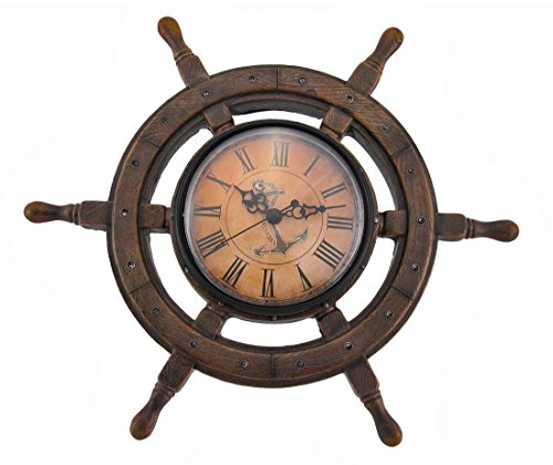 Things2Die4 Master of Destiny 11.5-Inch Diameter Ship Wheel Wall Clock - Cast Resin Vintage Nautical Elegance for Coastal Homes and Beach Houses