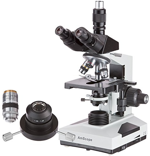 AmScope - Microscopio composto trinoculare a campo scuro simul-Focale 40X-2000X 20W con condensatore di olio, obiettivo IRIS 100X, stadio meccanico 3D - T490B-DKO-IRIS