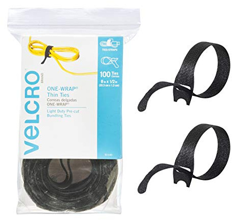 VELCRO Brand ONE-WRAP Cable Ties, 100Pk, 8 x 1/2 Black Cord Organization Straps, Thin Pre-Cut Design, Wire Management for Organizing Home, Office and Data Centers