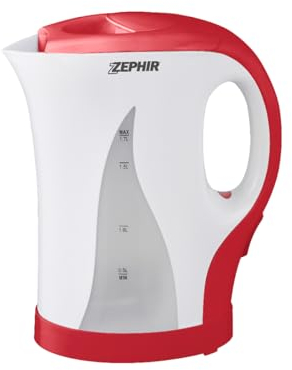 Zephir, Bollitore Elettrico Cordless 1,7L, Potenza Max 2200W, Indicatore Livello Acqua, Spegnimento Automatico a Ebollizione, Indicatore Luminoso, Colore Bianco/Rosso
