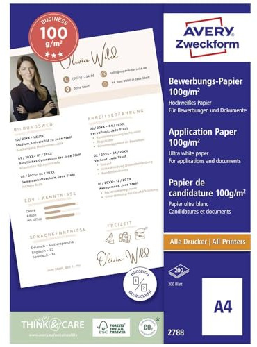 Avery Zweckform 2788 Business Inkjet ansökningspapper (200 ark, 100 g/m², A4, satinerat skrivarpapper, belagt på båda sidor, omedelbart torrt och torkbeständigt, affärspapper för bläckstråleskrivare)