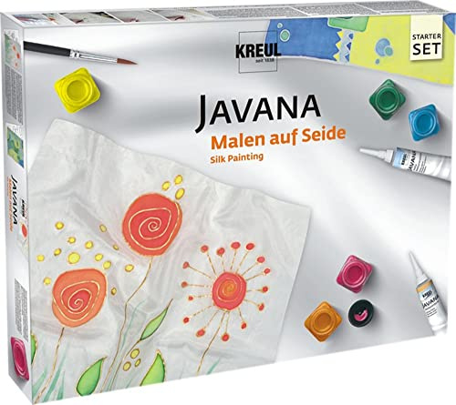 KREUL 81845 - Javana Seidenmalfarben Grundausstattung, 5 x 20 ml Farbe, je 20 ml Konturenfarbe, Effektsalz und Gutta, ein Pinsel, zwei Seidenzuschnitte und Motivvorlagen sowie Spannnadeln