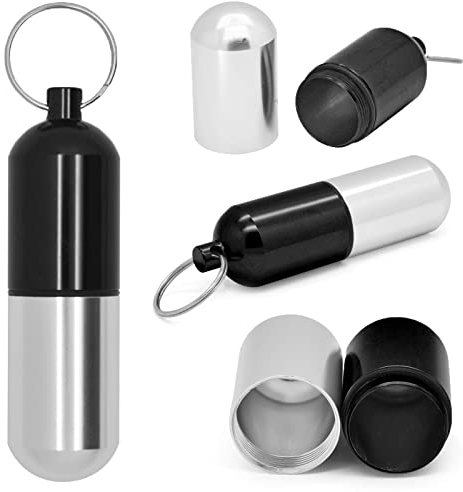 Grenhaven Mini Scatola per Pillole, Capsula per Banconote, Piccolo Contenitore Portapillole Impermeabile in Alluminio, Organizer Personale Per Pillole, Portachiavi, 8 cm, Argento-Nero