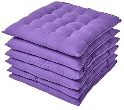 Homescapes 6er Set Stuhlkissen 40 x 40 cm, lila, Sitzkissen mit Bändern und Knopfverschluss, einfarbige Auflagen für Stühle mit Bezug aus 100% Baumwolle und weicher Polyester-Füllung, violett