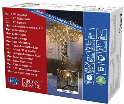 Konstsmide Christmas Lights/LED Fairy Lights/Christmas Tree Lights Outdoor or Indoor (IP44)/24V Transformer Plug In/80 Amber White Diodes/Black Cable String Lights, 3611-800