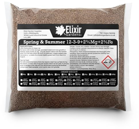 Elixir Gardens Seasonal Lawn Fertilisers for Turf & Grass | Spring & Summer 12-3-9 Bag | Granular Feed with added Iron & Magnesium | Treats 100 Sq. Meters