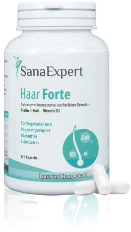 SanaExpert Haar Forte - Rinforza Capelli e Unghie - Con Biotina, Zinco, Miglio Perlato e Selenio - Vitamine per Capelli Forti - 120 Capsule Vegane, Anti-caduta - Prodotto in Germania