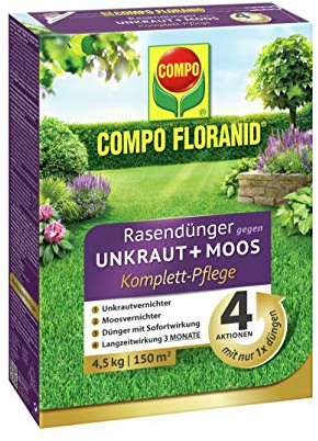 COMPO Rasendünger gegen Unkraut + Moos Komplettpflege, 3 Monate Langzeitwirkung, Feingranulat, 4,5 kg, 150 m²