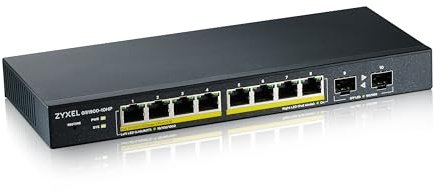 Zyxel Gigabit PoE-omkopplare med 8 portar | Smart Managed | Skrivbord/väggmontering och fläktlös design | 8 PoE+-portar med en budget på 77 W och 2 SFP-portar | VLAN, IGMP, QoS [GS1900-10HP] | 8x GbE PoE+ med 77W Budget + 2x SFP Portar, Fläktlös, VLAN, QoS, IGMP Snooping, Link Aggregation, Väggmonteringssats Ingår