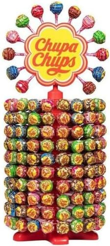 Chupa Chups - Roue de 213 Sucettes - Sucettes à la Pulpe de Fruits + Cola, Milky et Choco-Vanille - Présentoir Original Collector des Boulangeries