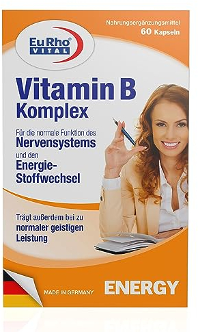 Vitamin B-Komplex Kapseln | Nahrungsergänzungsmittel mit den acht essenziellen B-Vitaminen | 60 Kapseln für 2 Monate | EuRho® Vital – Made in Germany