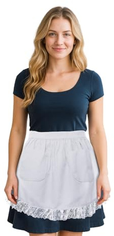 Aspire Waist Apron with Pockets, Women's Kitchen White Half Apron, Lace Cotton Costume Maid Apron for Cooking - M