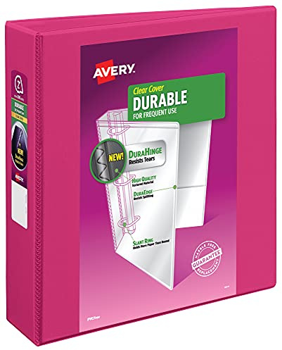 Avery Durable View 3 Ring Binder, 2 Inch Slant Rings, 2.8 Inch Wide Spine, Customizable Clear Cover, Ideal for School, Office, and Home Organization, 1 Pink Binder (17836)