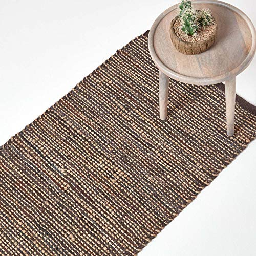 HOMESCAPES Leather Rugs Living Room, Natural Handwoven Madras Leather Hemp Rug, 100% Recycled & Planet Friendly, Large Brown Carpet for Bedroom, Hallway & Kitchen, 66 x 200cm