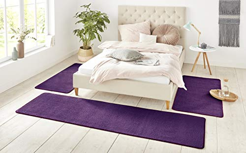 Hanse Home Nasty Teppich Bettumrandung 3-teilig – Bettvorleger Bettläufer Teppichläufer Kurzflor Einfarbig Unifarben Läufer-Set für Kinderzimmer Schlafzimmer, Uni Violett, 2X 70x140cm 1x 70x240cm