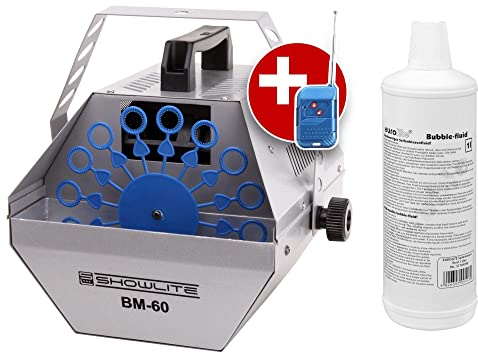 Showlite BM-60 Seifenblasenmaschine 60W mit Funk Fernbedienung und 1L Eurolite Fluid (0,6l Tank, 2-3 Stunden Laufzeit bei vollem Tank, Party Effekt, Disco Bubbles) silber