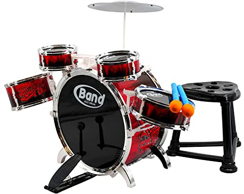 The Magic Toy Shop Kids Drum Kit - Red & Black Junior Jazz Percussion Set with Stool, Pedal, Sticks, 5 Drums, 1 Cymbal - Beginner Musical Instruments for Boys & Girls 3+