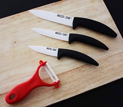 ECODE® Set de Cuchillos Mondadores y Pelador 100% Ceramicos para Pelar Frutas, Verduras y Cortar Carne, Mango Ergonomico - Utensilios de Cocina que Incluyen Juego de 3 Cuchillo y Pelador Color Negro