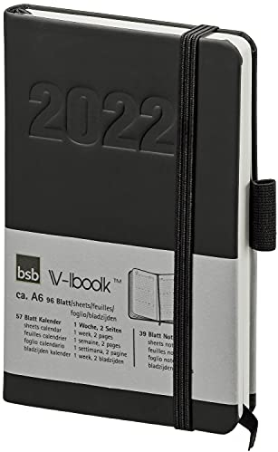 bsb Terminkalender Wochenplaner Taschenkalender Buchkalender, 2026, ca. A6 - schwarz - weiches Kunstleder - mit Gummiband - 1 Woche = 2 Seiten, bsb V-Book, 02-0130