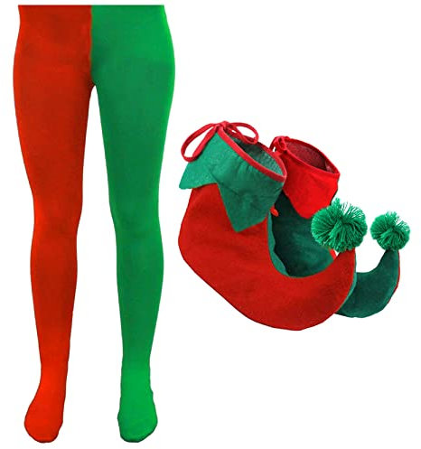 Adults Elf Accessories - Solid Green and Red Tights + Red and Green Boots - Perfect for Fancy Dress Costumes, Santas Grotto, Christmas Plays, Xmas Charity Events - X-Large Tights