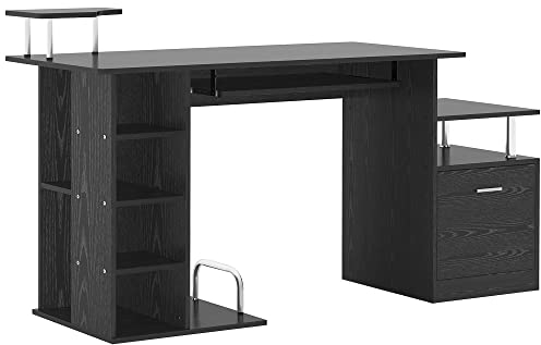 HOMCOM Mesa de Ordenador Mesa de Escritorio con 6 Estantes Cajón Bandeja de Teclado y Soportes para Monitor Impresora para Oficina Estudio 152x60x88 cm Negro