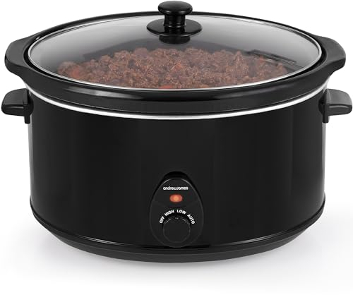 Andrew James 8L Slow Cooker, Removeable Easy to Clean Ceramic Bowl, 3 Temperature Settings, Cool Touch Handles & Non-Slip Feet, Energy Efficient Slow cooker with Tempered Glass Lid (black).