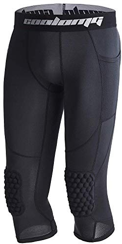 COOLOMG - Leggings da Basket con Ginocchiere per Bambini, a 3/4, a Compressione, Imbottiti, Ragazzo, Nero, M (für 10-11 Jährige)