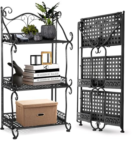 BTGGG 3 Tier Foldable Storage Shelves Free Standing Metal Pan Rack Plant Stand Storage Organiser Shelving Unit for Kitchen Bathroom Bedroom Garden Office, Black