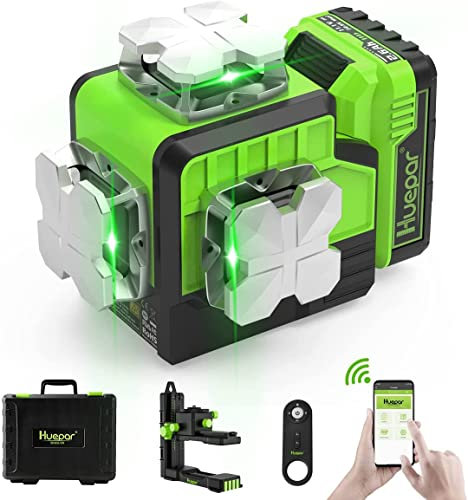 Huepar Bluetooth 3D Laser Level - Self Leveling 3x360° Green Cross Line Laser Level with Pulse Mode & Remote Controller, 10 Hours Working Time Rechargeable Li-ion Battery