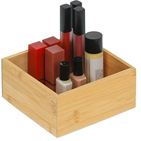 Relaxdays Ordnungsbox Bambus, Flache Aufbewahrungsbox ohne Deckel, HBT 7 x 15 x 15 cm, Bambusbox Küche, Bad, Büro, Natur