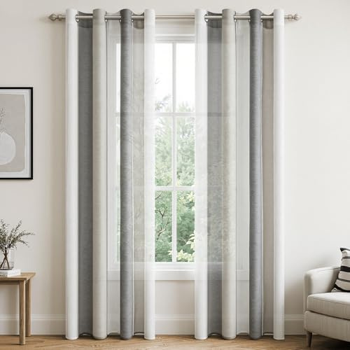 MRTREES 2 Piezas Cortinas Salon Visillos Translúcidos Rayas de Dormitorio Moderno 140×245cm con Ojales para Ventanas Habitacion Cocina Comedor Baño Gris Bicolor+Blanca