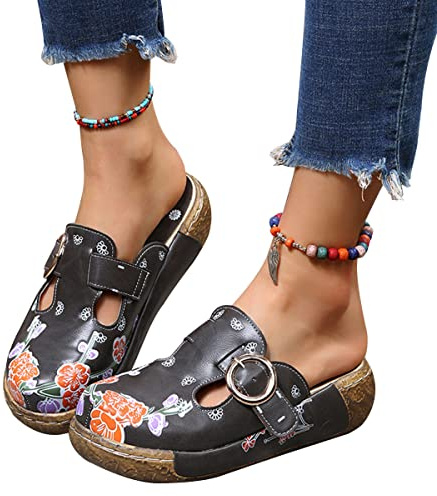 Onsoyours Sabots Femme Compensées Clogs Mules Plates Plateforme Sandales en Cuir Eté Pantoufles Chaussures Confort pour Pieds Larges A Café 39 EU