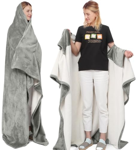 BORPEIN Tragbare Decke mit Fußabdeckung, Gemütliche Umarmung, tragbare Überwurfdecke,weich und warm für Sofaliebhaber für Frauen, Männer, Erwachsene. Einheitsgröße (Gray&White)