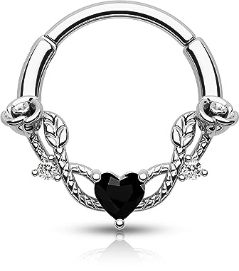 CM Crareesi Mania - Piercing al setto nasale in acciaio inossidabile 316L, 16G, con segmento a cerniera, modello cuore, zirconi, chiusura a scatto, per daith, helix, gioielli per piercing al naso, 10