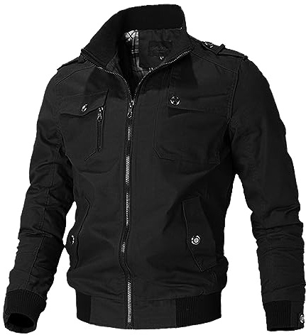Oymyakon Men's Casual Military Jacket Stand Collar Jackets Coats Cotton Bomber Jackets with Shoulder Straps Black-M
