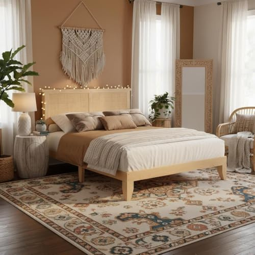 coucheta Rattan Bed Frame Full with Natural Rattan Headboard,Bohemian Rattan Bed Frame with LED Lights,Solid Wood Foundation with Silent Slats,No Box Spring Needed (Full)
