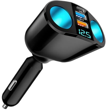 120W USB C Auto Ladegerät Zigarettenanzünder Verteiler, QC3.0 PD 12V/24V Kfz-Handyladegeräte Doppelsteckdose Zigaretten Adapter, Autoladegerät Splitter mit LED Voltmeter für Handy Kamera Tablet