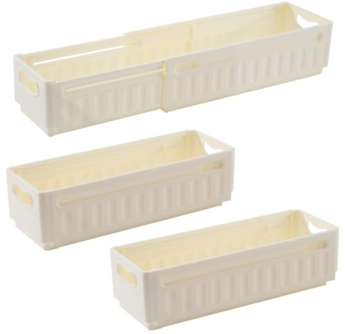 ZLLkeji Scatole Organizer Cassetti Plastica Scatole Portaoggetti Decorative Con Manici Cubi Portaoggetti Pieghevoli Organizer per Frigorifero Bagno Cosmetici Armadio 3 Pezzi 47.5×8×10cm