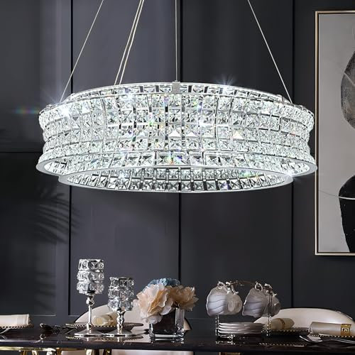 AOOCHOK Modern Crystal Chandelier for Living Room, LED Chrome Pendant Lights, Round Crystal Hanging Lamp for Dining Room, Bedroom, Restaurant, Kitchen Island, Φ60cm