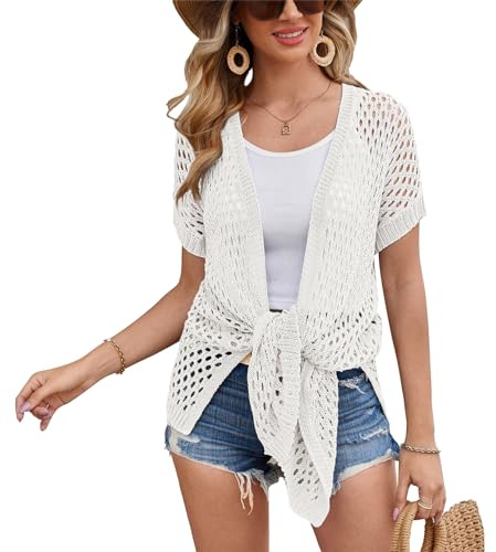 GRACE KARIN Cárdigan ligero de manga corta para mujer, cárdigan de playa de verano, suéter de ganchillo abierto cárdigan largo cubierta ups de punto transparente Tops, beige, L