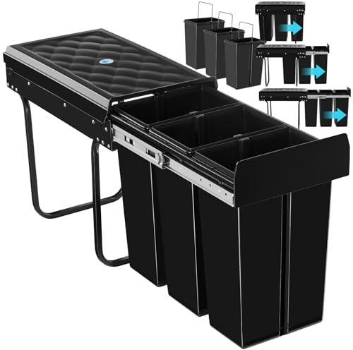 tectake® Abfallsammler, Mülleimer 3 Fächer, Mülltrennsystem Küche, für Schrank, Mülleimer Küche ausziehbar, Einbaumülleimer, Abfalleimer Küche. Mülleimer Küche Unterschrank - 3x 10L