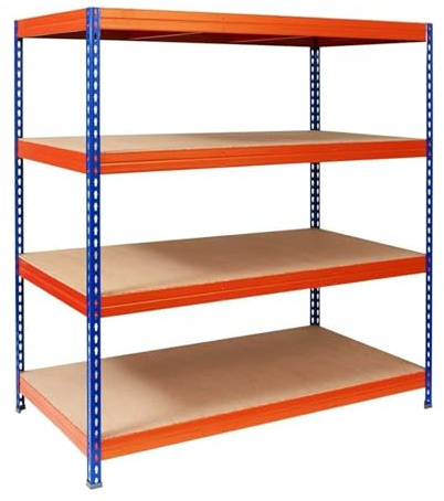 KARAT Étagères à Grande Tenue, Etagère à emboîter, Montage sans Outils, Rayonnages Charges Lourdes Magasin & Garage, Étagère d'atelier modulable (Bleu-Orange 200x150x60 cm - 4 Niveaux)