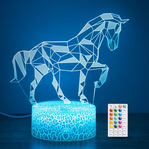 Cadeaux de cheval pour les filles, 16 couleurs géométrique équine lampe d'illusion 3D, lumière de nuit avec télécommande et contrôle tactile, chevaux décor pour la chambre des enfants, cadeaux d'anniv