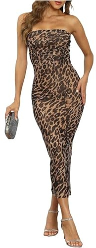 Sukiglam Vestito Donna Sexy Senza Spalline Abito Lungo Elegante Senza Maniche Stampa Leopardo/Floreale Midi Vestiti con Spacco Estivi Bodycon Abiti da Cerimonia Aderente Tubino per Sera Cocktail