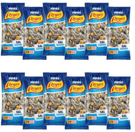 Pipas Reyes – Caja 12 Bolsas x 80g | Pipas Girasol Tostadas con Sal | Frutos Secos Naturales | Snack Saludable y Crujiente | Aperitivo Clásico Español (1 CAJA, SAL MARINA)